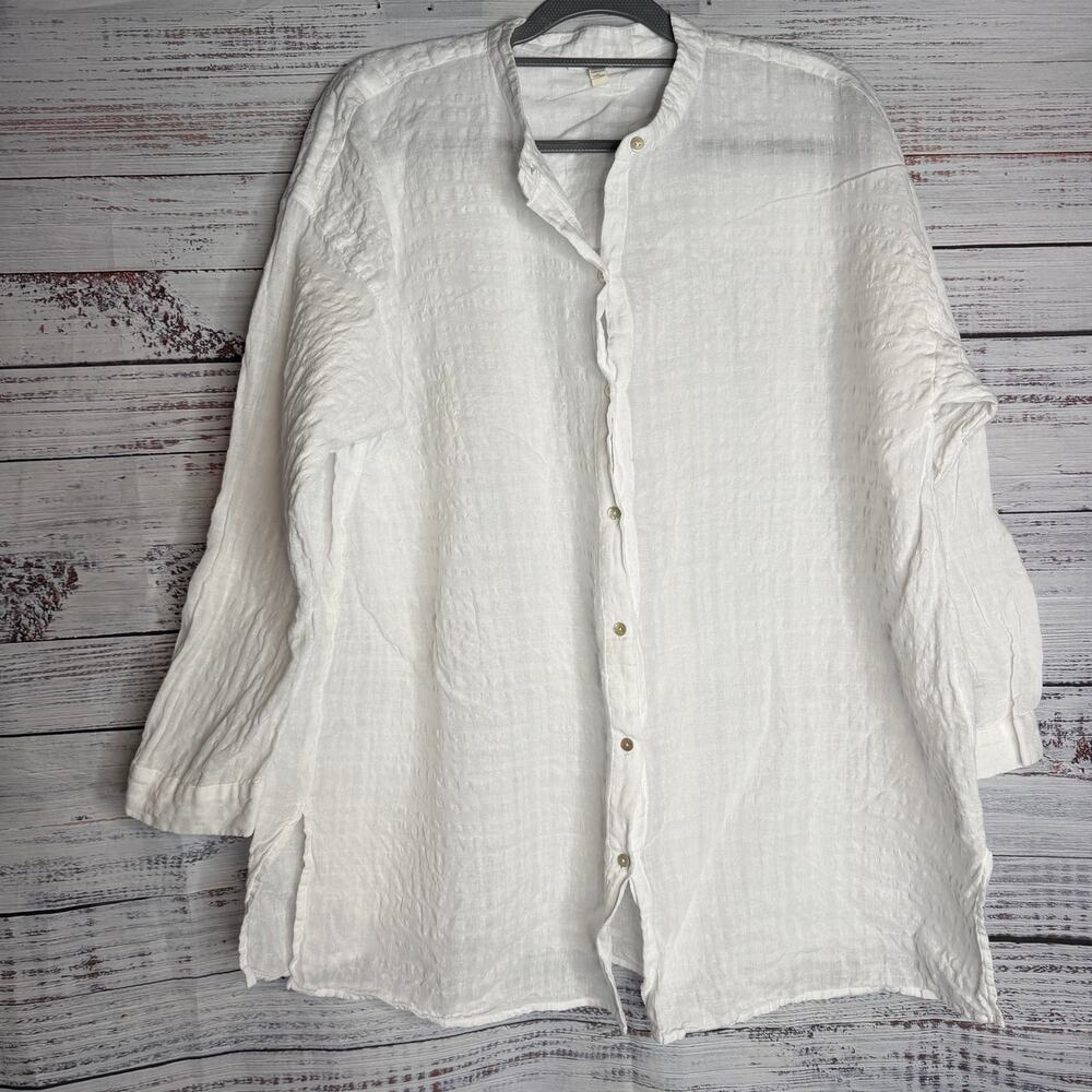 Eileen Fisher White Organic Linen Button Front Tunic Shirt 1X Textured Lagenlook